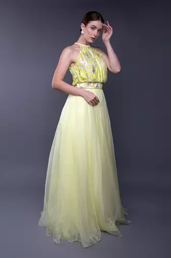 Yellow Silver Sequin Embroidered Bodice Organza Gown