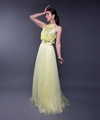 Yellow Silver Sequin Embroidered Bodice Organza Gown 5