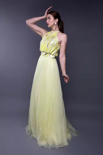 Yellow Silver Sequin Embroidered Bodice Organza Gown