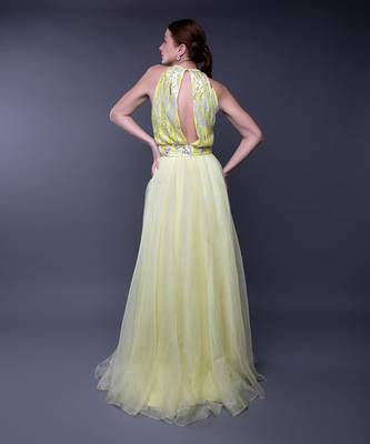Yellow Silver Sequin Embroidered Bodice Organza Gown 6