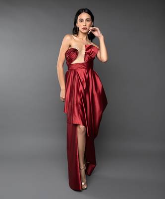 Red Asymmetric Drape Gown 1