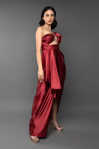 Red Asymmetric Drape Gown