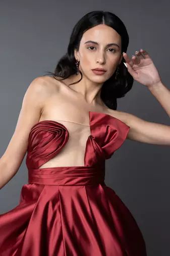 Red Asymmetric Drape Gown