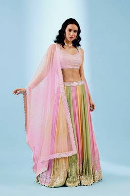 Coral Pista-Green And Orange Multicolored Zari And Sequins Embroidered Georgette Lehenga Choli 1