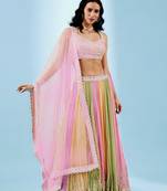 Coral Pista-Green And Orange Multicolored Zari And Sequins Embroidered Georgette Lehenga Choli