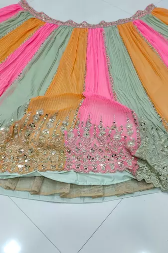 Coral Pista-Green And Orange Multicolored Zari And Sequins Embroidered Georgette Lehenga Choli