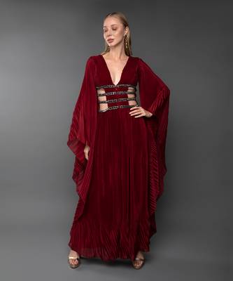 Maroon Body cut Flared Jumpsuit With Waterfall Sleeve  1
