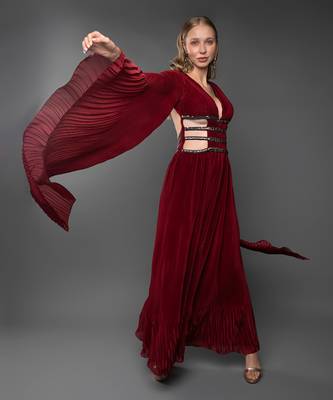 Maroon Body cut Flared Jumpsuit With Waterfall Sleeve  2