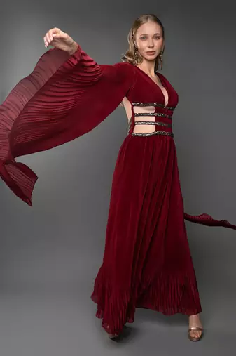Maroon Body cut Flared Jumpsuit With Waterfall Sleeve 