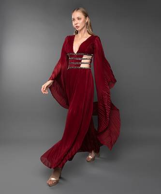 Maroon Body cut Flared Jumpsuit With Waterfall Sleeve  3