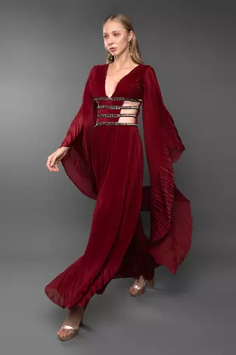 Maroon Body cut Flared Jumpsuit With Waterfall Sleeve 