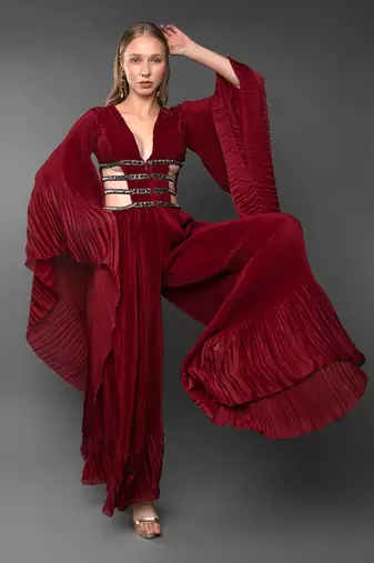 Maroon Body cut Flared Jumpsuit With Waterfall Sleeve 