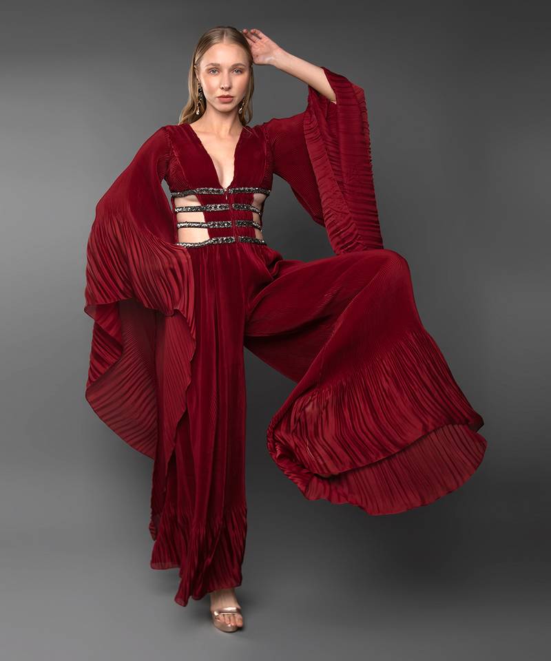 Maroon Body cut Flared Jumpsuit With Waterfall Sleeve 