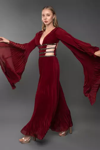 Maroon Body cut Flared Jumpsuit With Waterfall Sleeve 
