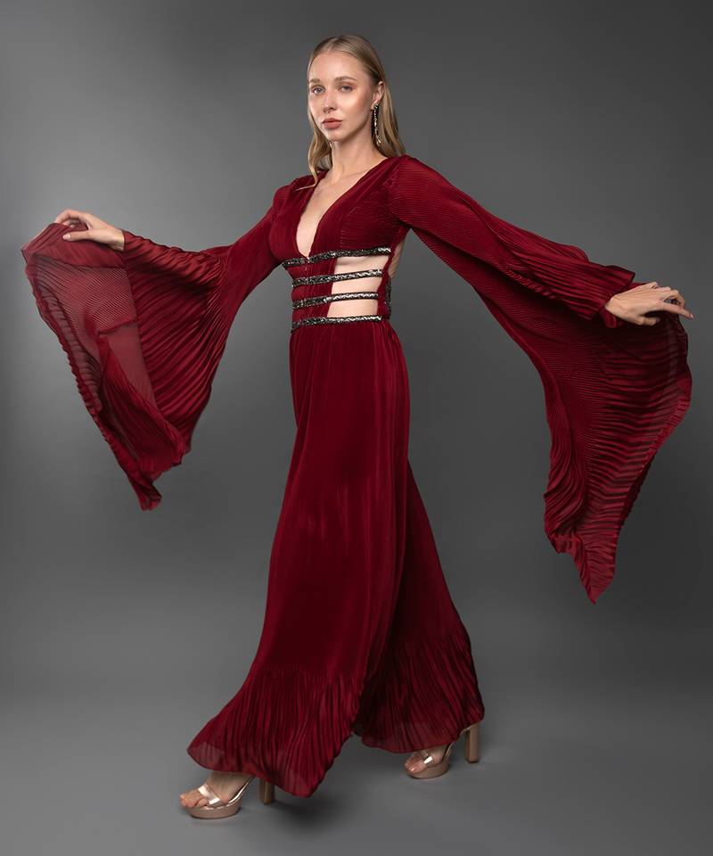 Maroon Body cut Flared Jumpsuit With Waterfall Sleeve 