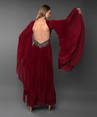 Maroon Body cut Flared Jumpsuit With Waterfall Sleeve  6