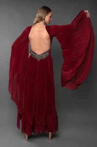 Maroon Body cut Flared Jumpsuit With Waterfall Sleeve 