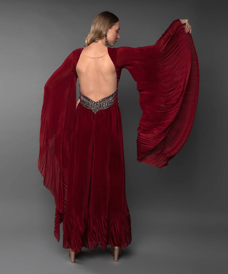 Maroon Body cut Flared Jumpsuit With Waterfall Sleeve 