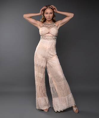 Peach Embroidered Waist Cut Jumpsuit 4