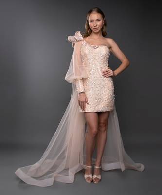 Peach One Sleeve Power Shoulder Embroidered Trail Dress 1
