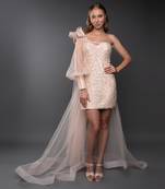 Peach One Sleeve Power Shoulder Embroidered Trail Dress