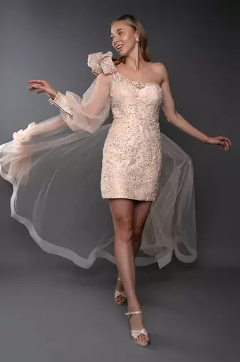 Peach One Sleeve Power Shoulder Embroidered Trail Dress