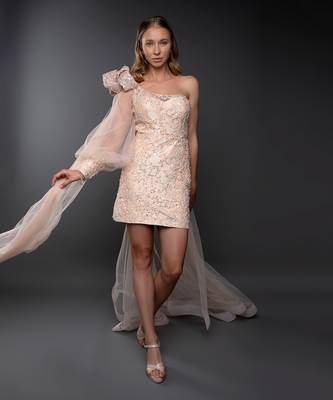Peach One Sleeve Power Shoulder Embroidered Trail Dress 4