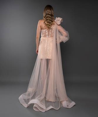 Peach One Sleeve Power Shoulder Embroidered Trail Dress 5