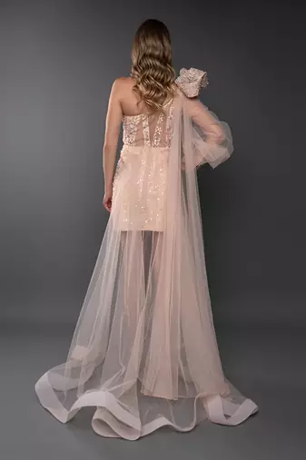 Peach One Sleeve Power Shoulder Embroidered Trail Dress