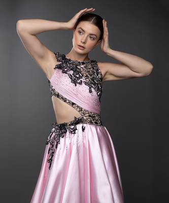 Pink Body Cut Asymmetric 3D Embroidered Gown 1