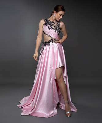 Pink Body Cut Asymmetric 3D Embroidered Gown 2