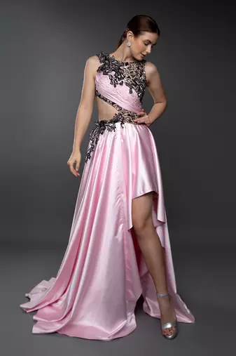 Pink Body Cut Asymmetric 3D Embroidered Gown