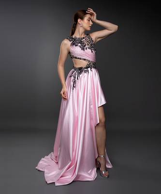 Pink Body Cut Asymmetric 3D Embroidered Gown 3
