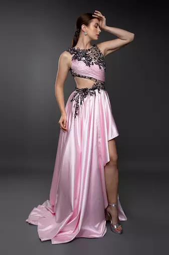 Pink Body Cut Asymmetric 3D Embroidered Gown