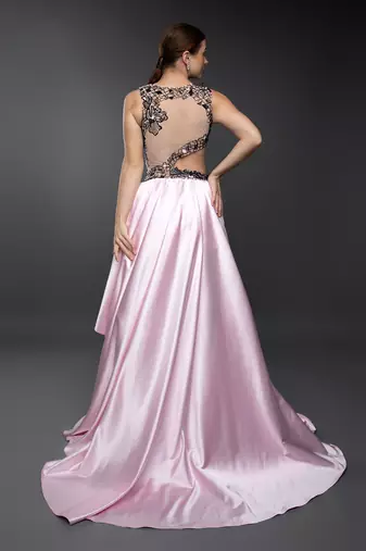 Pink Body Cut Asymmetric 3D Embroidered Gown