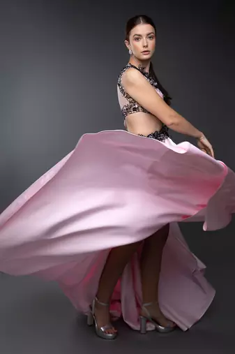 Pink Body Cut Asymmetric 3D Embroidered Gown