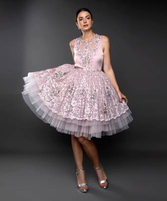 Dust Pink Lace Layered Flounce Dress 1