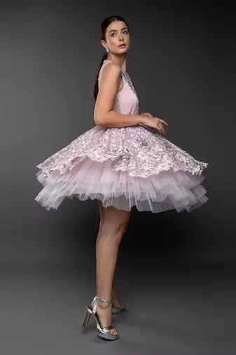 Dust Pink Lace Layered Flounce Dress