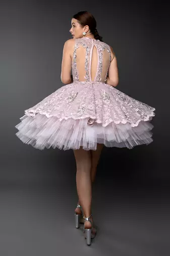 Dust Pink Lace Layered Flounce Dress
