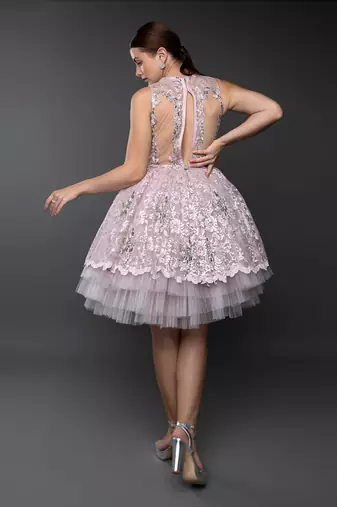 Dust Pink Lace Layered Flounce Dress
