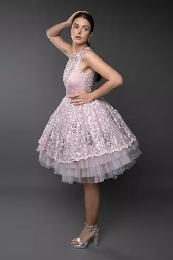 Dust Pink Lace Layered Flounce Dress