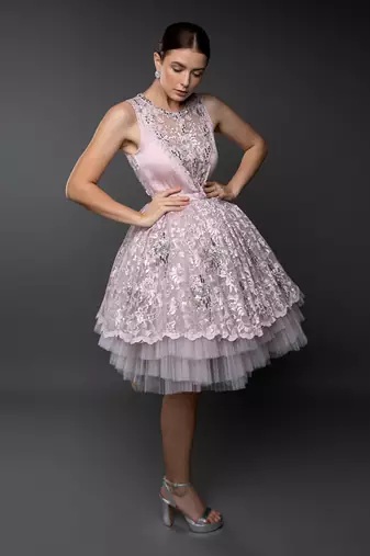 Dust Pink Lace Layered Flounce Dress