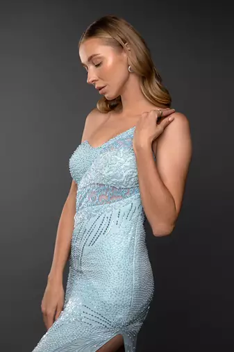 Powder Blue One Shoulder Embroidered Side Slit Dress