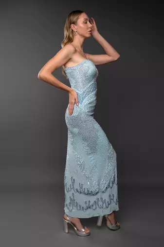 Powder Blue One Shoulder Embroidered Side Slit Dress