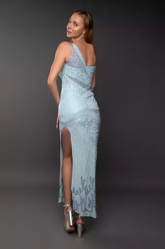 Powder Blue One Shoulder Embroidered Side Slit Dress