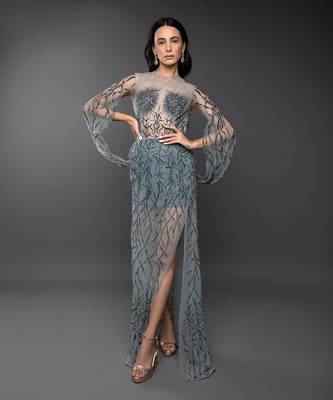 Dust Green Embroidered Cowl Sleeve Gown 1