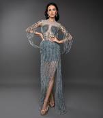 Dust Green Embroidered Cowl Sleeve Gown