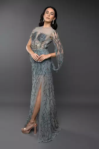 Dust Green Embroidered Cowl Sleeve Gown