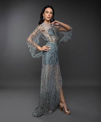 Dust Green Embroidered Cowl Sleeve Gown 3