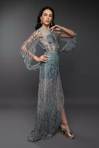 Dust Green Embroidered Cowl Sleeve Gown